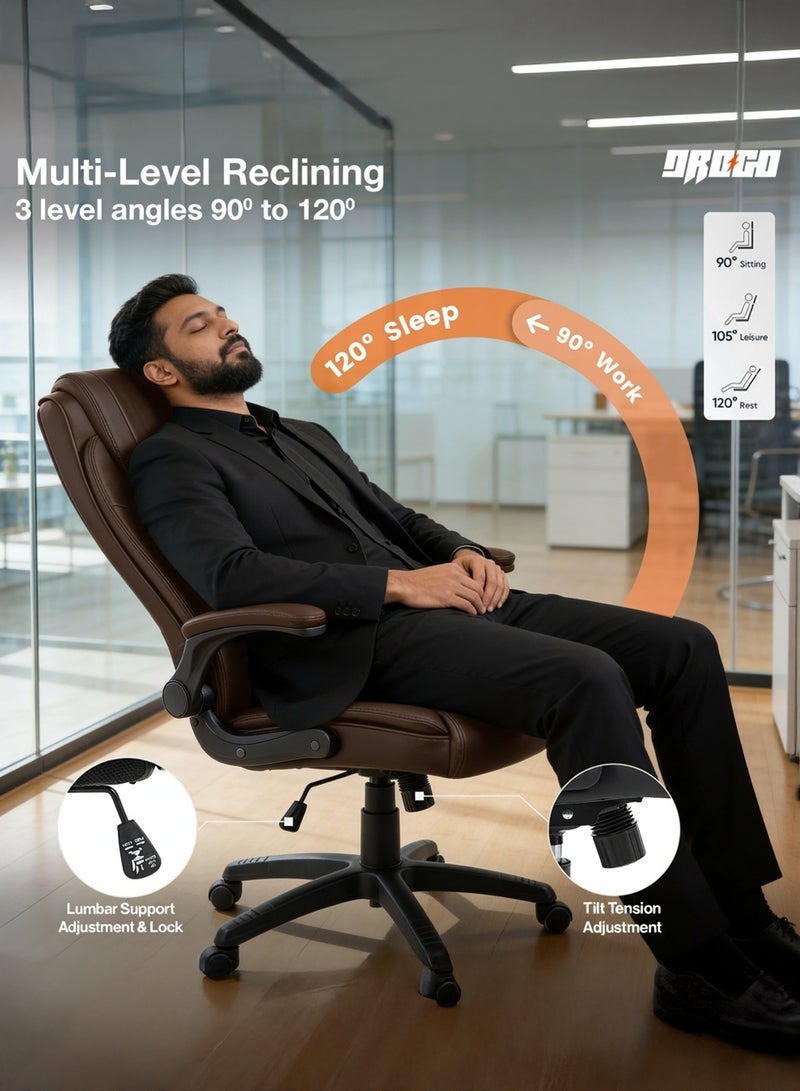 DROGO Ergonomic Premium Leatherette Office Chair for Work at Home, Computer Chair with Flip-Up Armrest, Height Adjustable Leather Seat, Cushioned Headrest, & Lumbar Support | Desk Chair with Multi Level Reclining Brown - Image 4